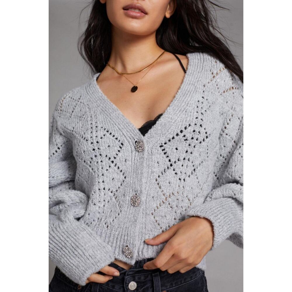 Maeve Anthropologie Gray Eyelet Cardigan Sweater NWT